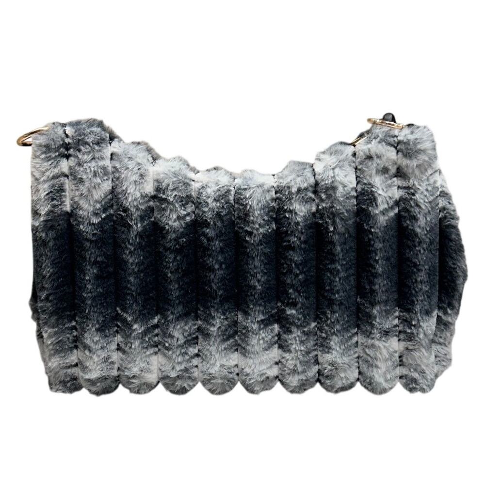 Y2K Blue-Gray Faux Fur Shoulder Bag Plush Ribbed Textured Soft Purse Unbranded - Picture 2 of 12